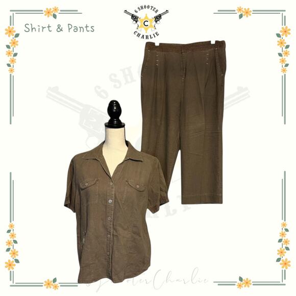 Vintage ERIKA Linen Blend 2 Pcs Outfit Shirt and Pants Women's Size Medium Brown - Picture 1 of 11